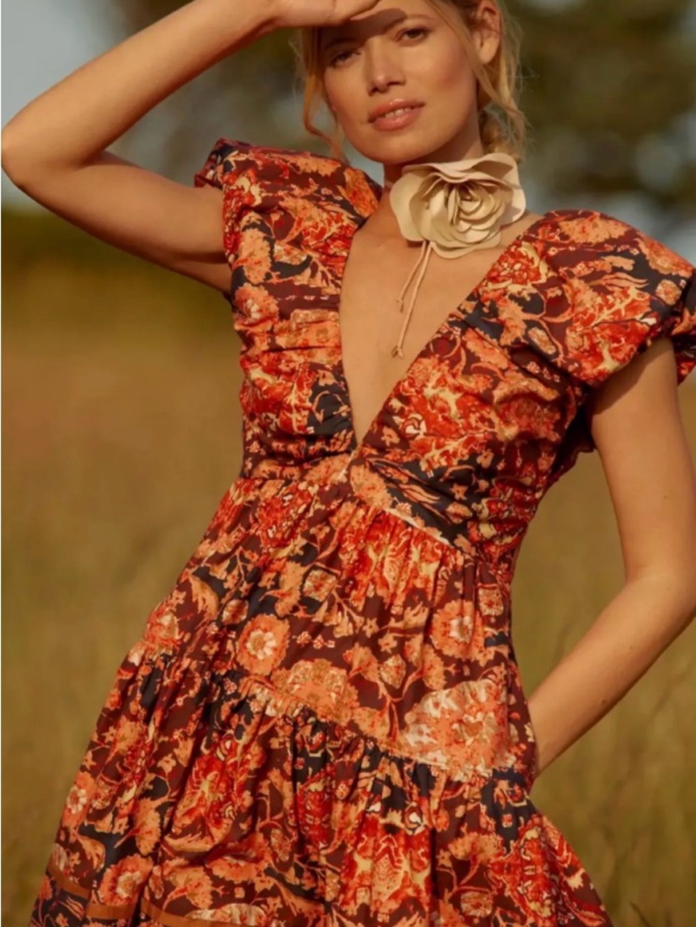 Anthropologie Floral Tiered V-Neck Maxi Dress in Rust